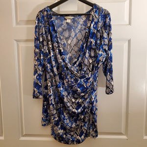 CJ Banks wrap front black and blue blouse